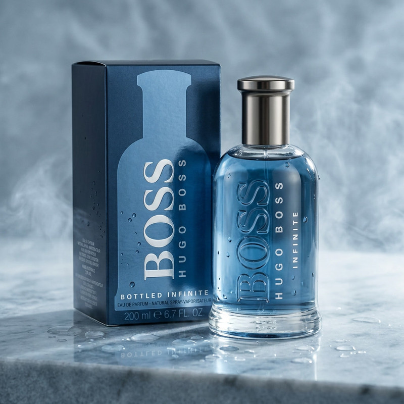 Minimalist men's Hugo Boss cologne bottle with frosted glass and silver cap surrounded with soft daylight, water droplets, and light mist, fresh and clean feeling