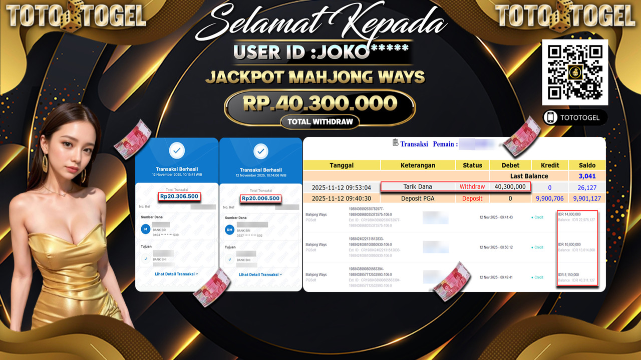 Bukti Pembayaran Jackpot Permainan Slot Mahjong Ways ID:JOKO**** LUNAS