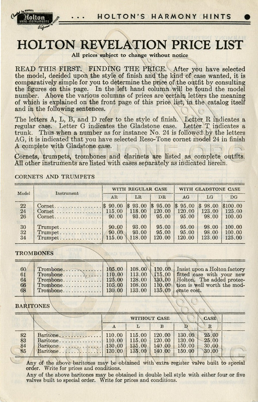 Holton 1937 price list w model 24 and 34 resotones
