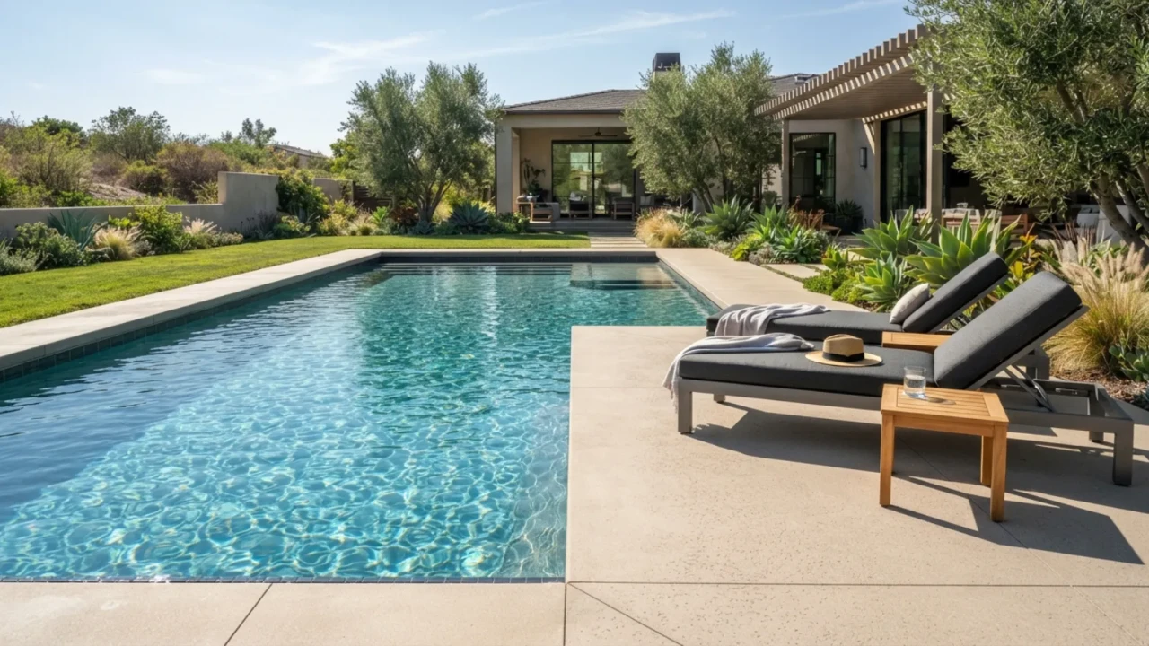 Light colored cool deck style concrete pool deck with gray outdoor loungers