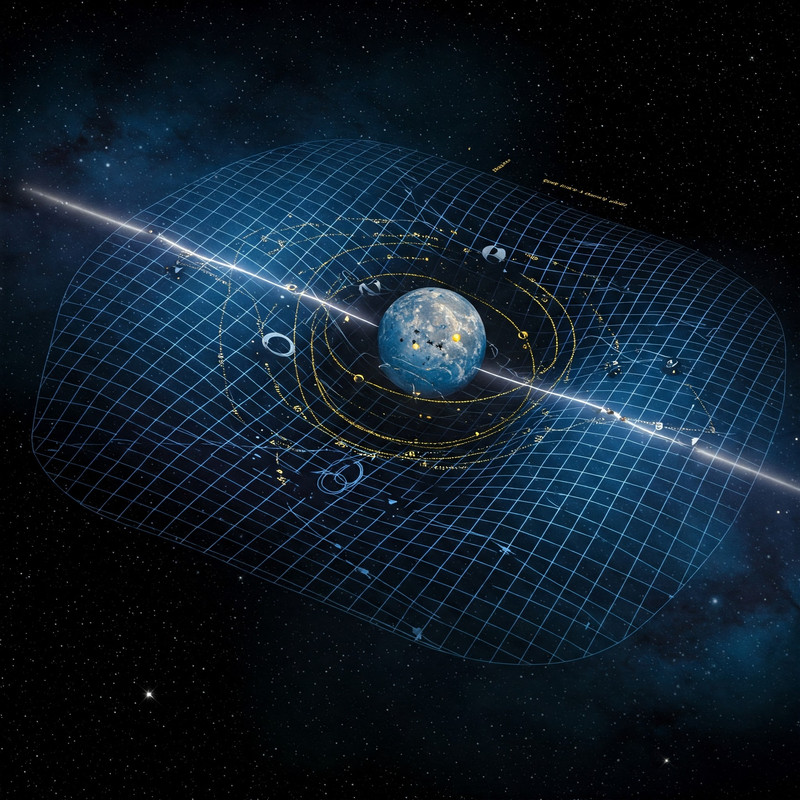 A three-dimensional grid representing spacetime, with a heavy sphere (like a bowling ball) creating a deep indentation. Lighter objects (marbles) are depicted curving their paths into this indentation, effectively illustrating how mass warps spacetime and influences motion.