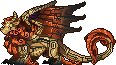 Pixel art of an obelisk dragon (WX) with fire eyes, a golden body, bronze mane and wings, and black circuit patterns. They're facing right.