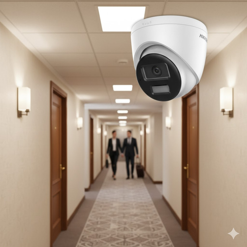 Câmera Hikvision com luz branca e estrobo ativos