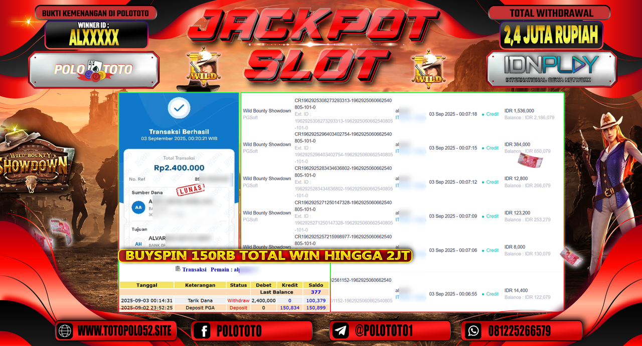 POLOTOTO JACKPOT SLOT WILD BOUNTY SHOWDOWN Rp.2.400.000,-