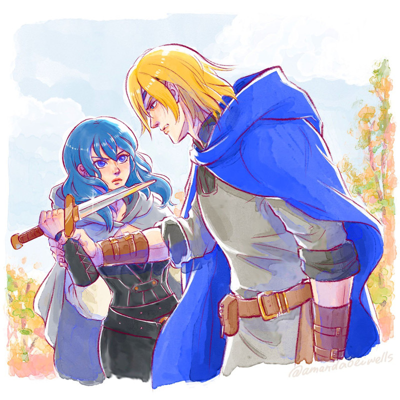 Art by @AmandaOW. Dimitri holds Byleth's wrist, glaring down at her. Byleth is holding a broken sword and glaring back at him defiantly.