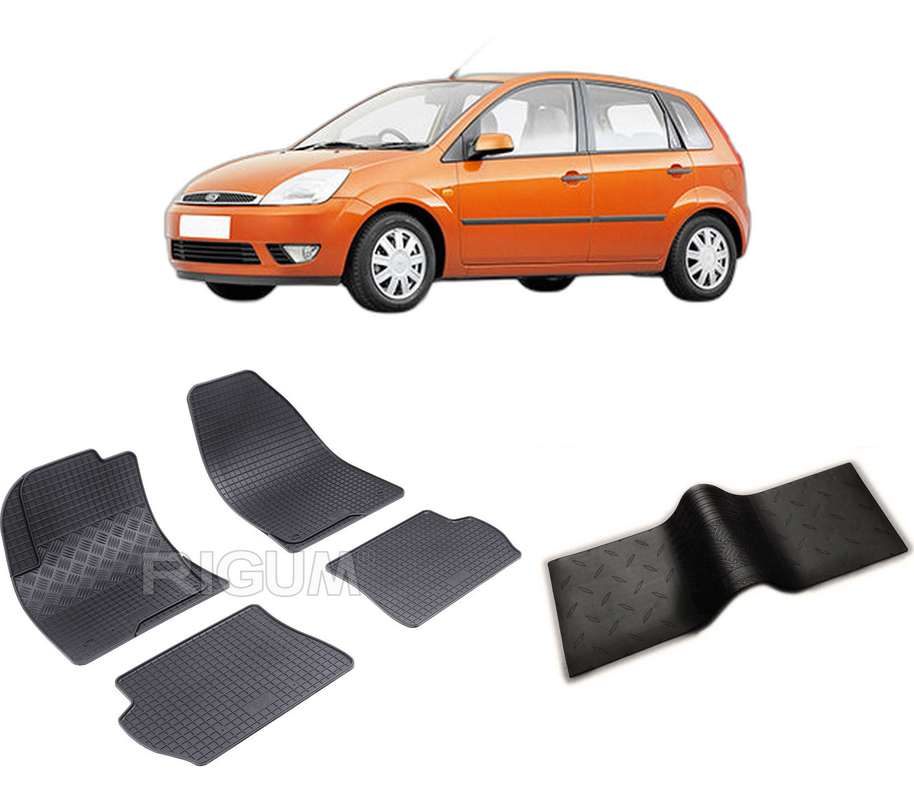 Set covorase auto FORD FIESTA V din 2002-09.2008, cu covoras tunel median, CAROSERIE HATCHBACK, Presuri cauciuc 100%, compatibil cu autoturismul FORD FIESTA V, Rigum