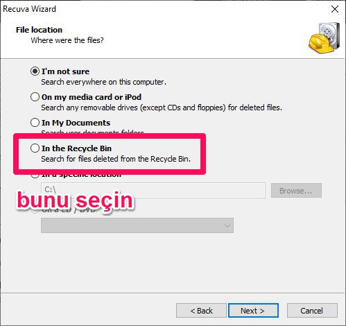 recuva dosya konumu seçme