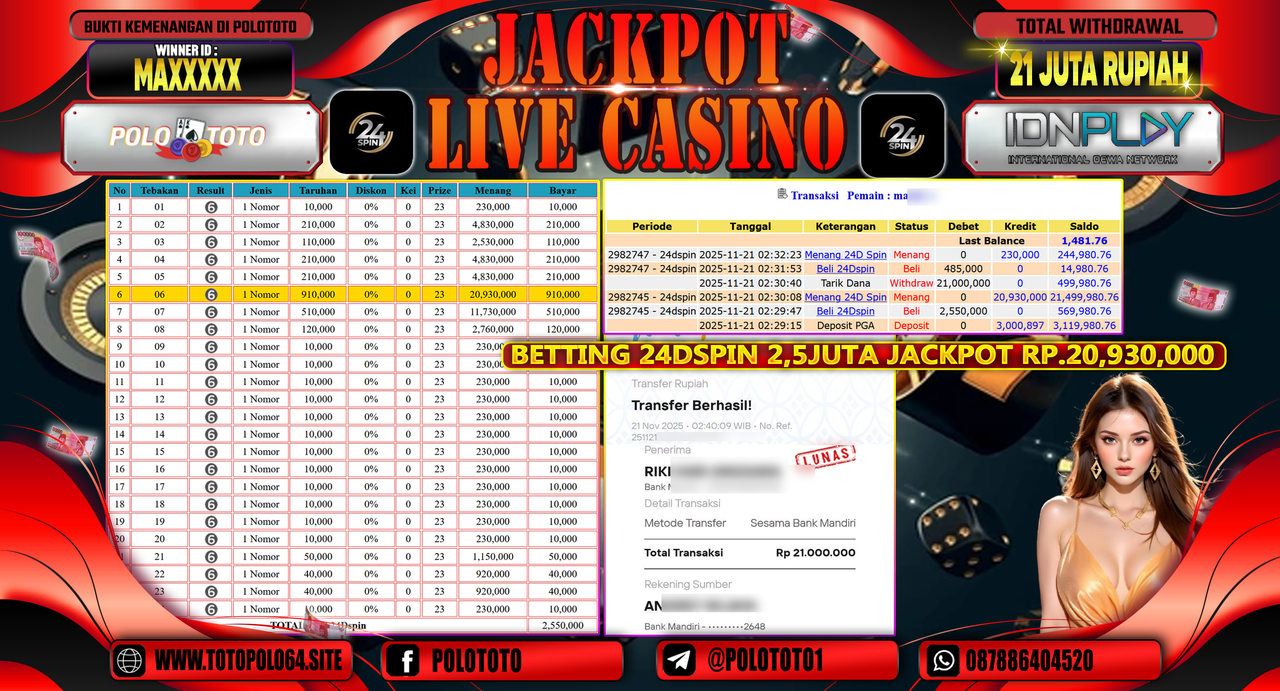 POLOTOTO JACKPOT LIVE CASINO MENANG 24D SPIN Rp.21.000.000,- LUNAS