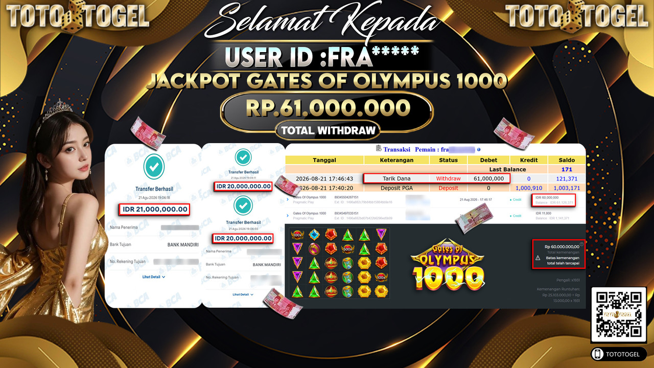 Bukti Pembayaran Jackpot Slot Gates Of Olympus 1000 ID:FRA*****LUNAS
