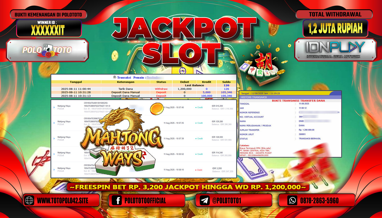 POLOTOTO JACKPOT SLOT MAHJONG WAYS 2 Rp.1.200.000,-LUNAS