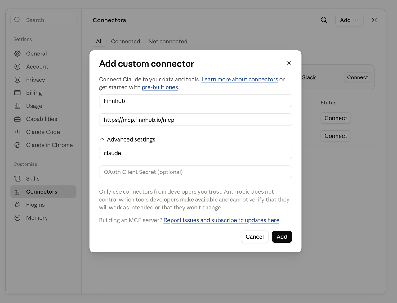 Add custom connector dialog filled in with the Finnhub MCP server URL