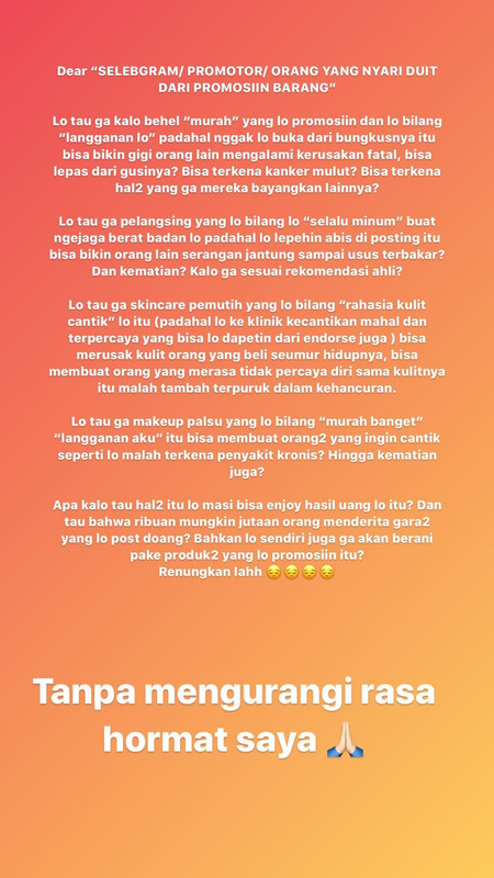 Insta story Tasya Farasya yang menyentil soal selebgram dan pihak-pihak yang mempromosikan produk kosmetik abal-abal