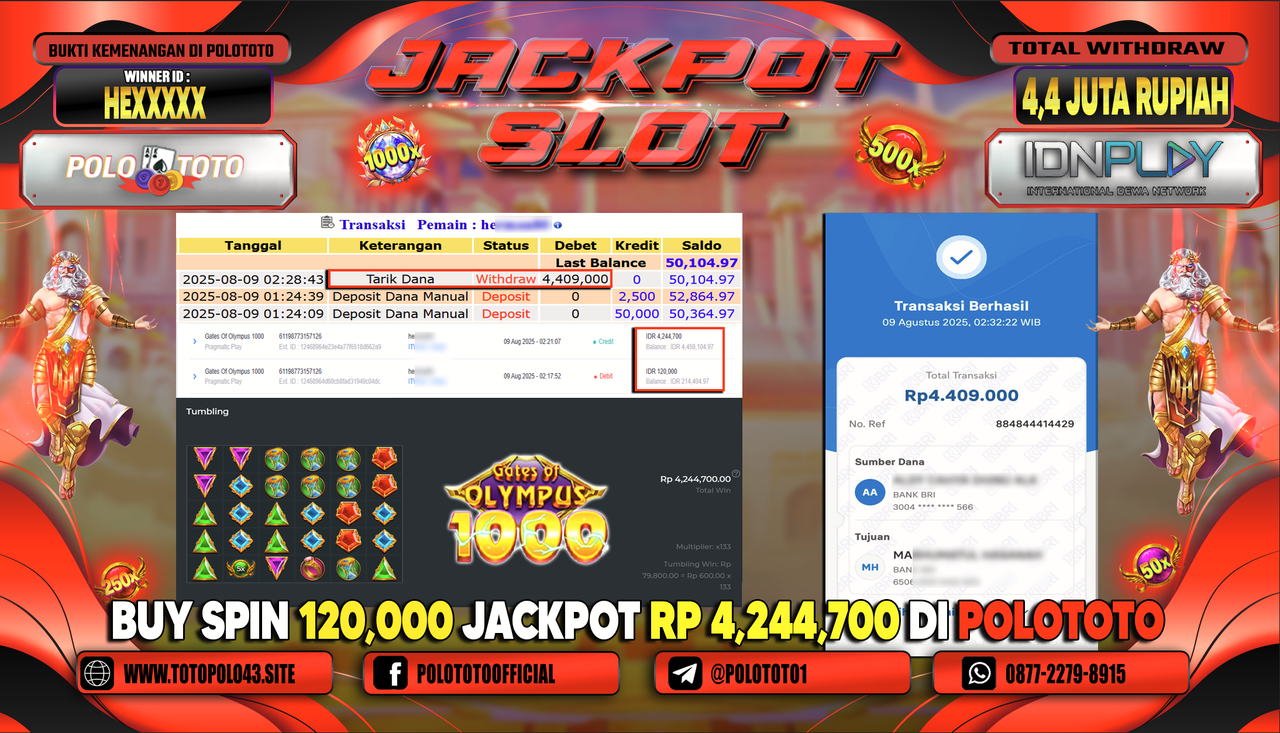 POLOTOTO JACKPOT SLOT GATES OF OLYMPUS 1000 Rp.4.400.000,-LUNAS