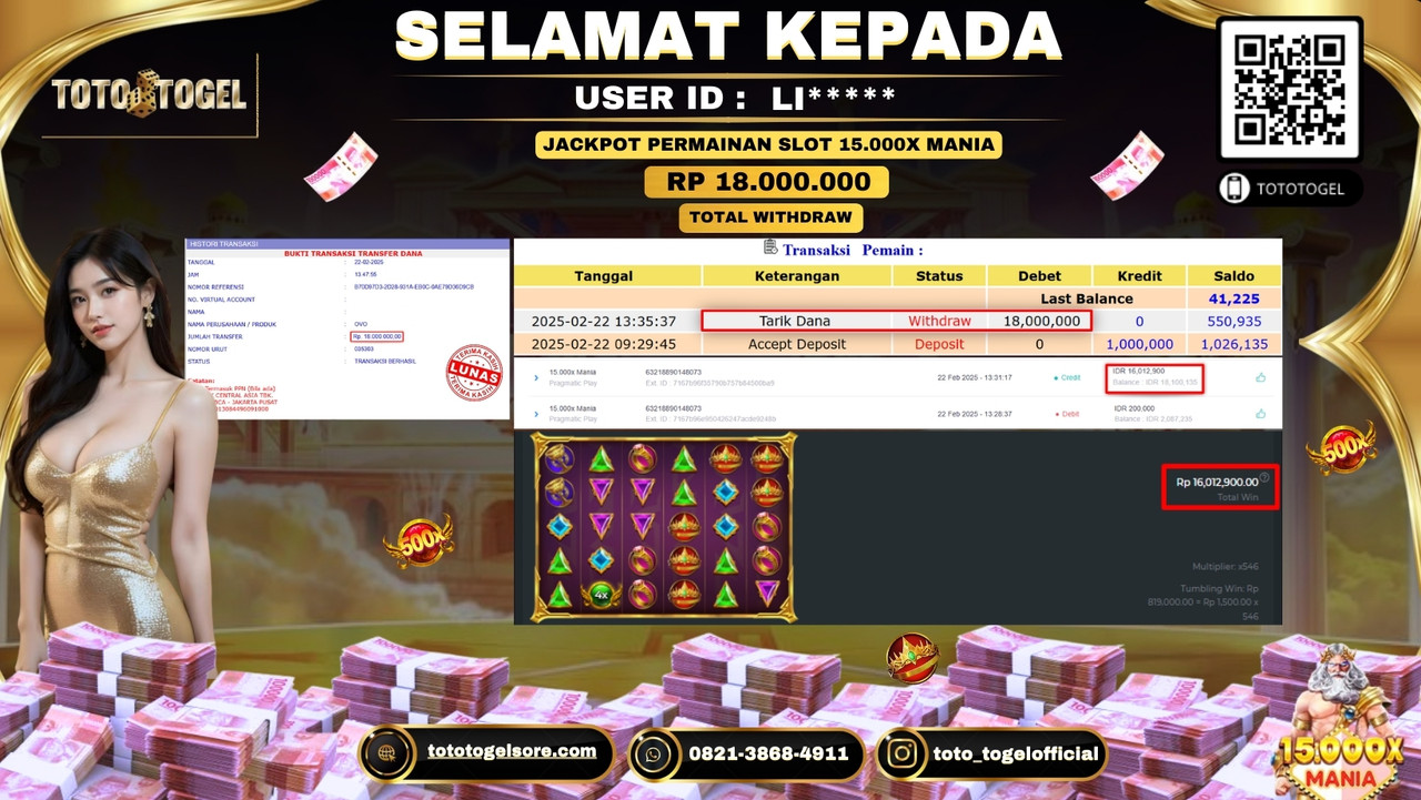 Bukti Pembayaran Jackpot  Permainan Slot 15.000X Mania  ID:LI***** LUNAS