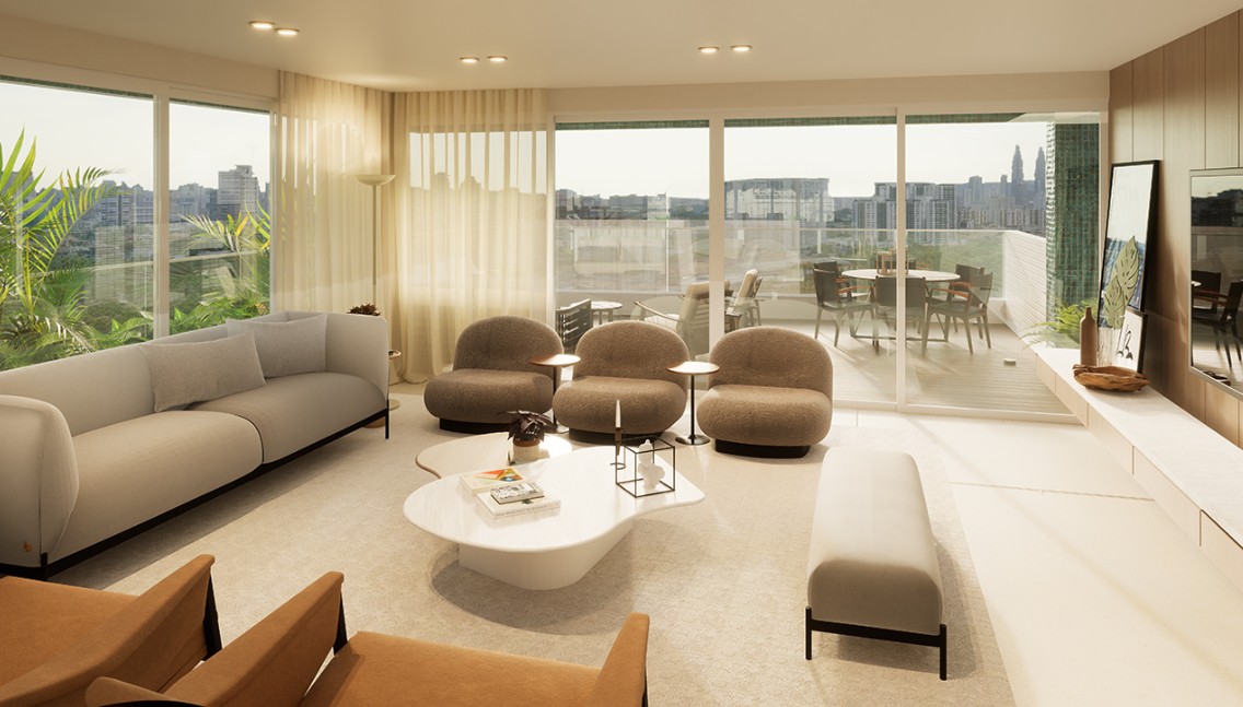 Sala de estar integrada à varanda gourmet