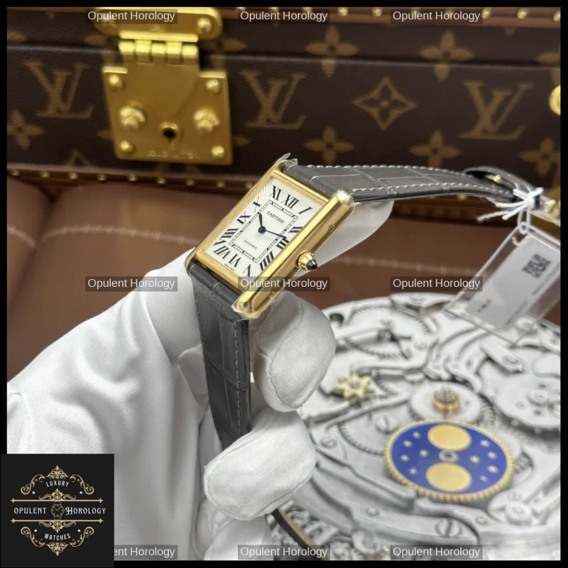 Cartier Tank Louis Automatic 27.8x38.1mm White Dial Gold Plated Gray Leather Strap - Super Clone