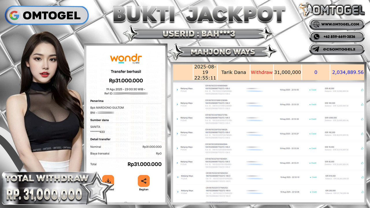 OMTOGEL JACKPOT PGSOFT MAHJONG WAYS 31 JUTA DI BAYAR LUNAS ,-