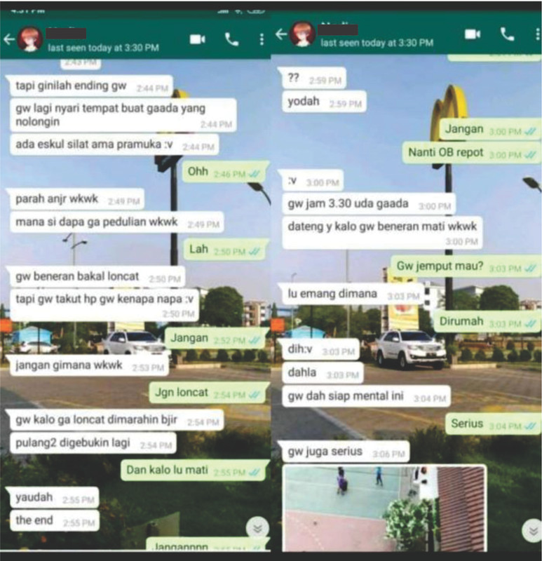 Chat SN dengan temannya sebelum lompat dari lantai 4 gedung SMPN 147 Jakarta 