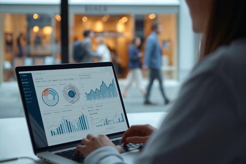 Analisi delle campagne geo-based sui social Donna al computer che analizza grafici e dati di marketing su un laptop in un contesto urbano, simbolo delle campagne social geo-based.