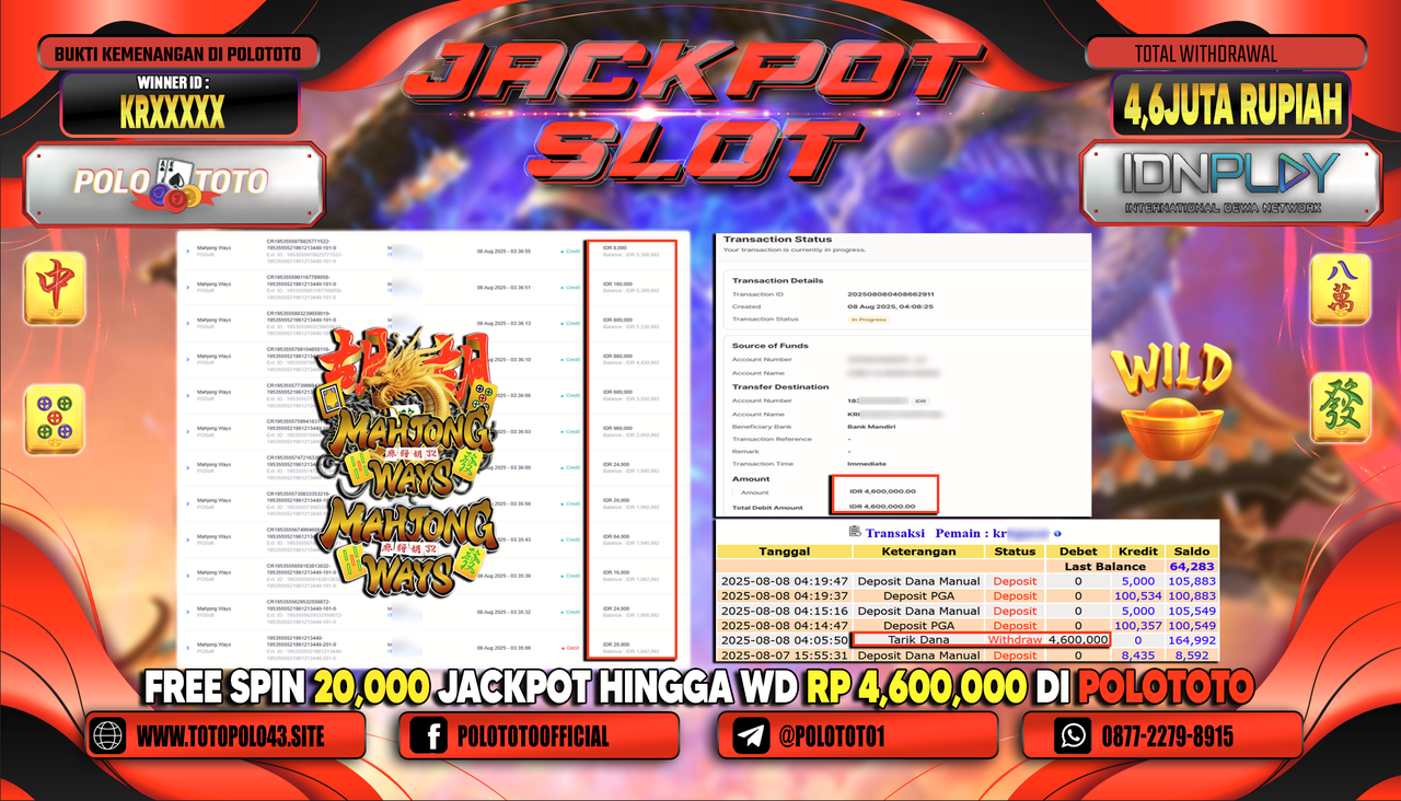 POLOTOTO JACKPOT SLOT MAHJONG WAYS Rp.4.600.000,-LUNAS