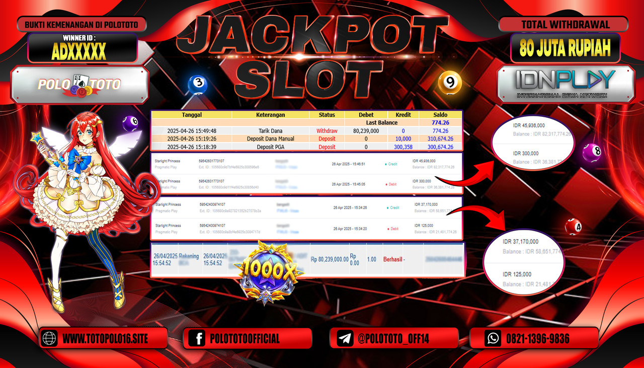 POLOTOTO JACKPOT SLOT STARLIGHT PRINCESS Rp.80.239.000,-