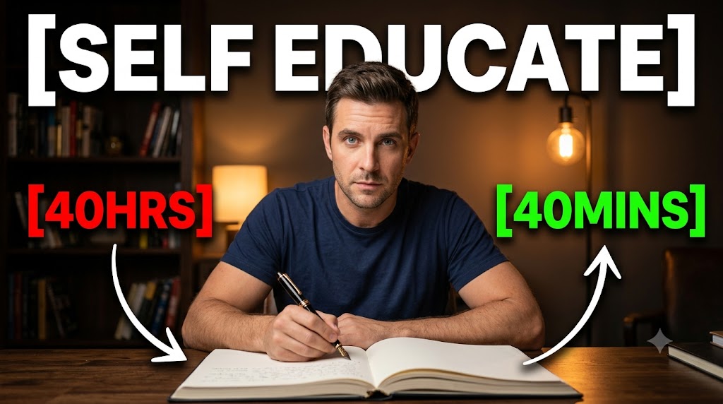 AI-generated example result for the youtube-thumbnail prompt: Self Educate Thumbnail – 40 Hours To 40 Minutes Study Design AI YouTube Thumbnail Prompt