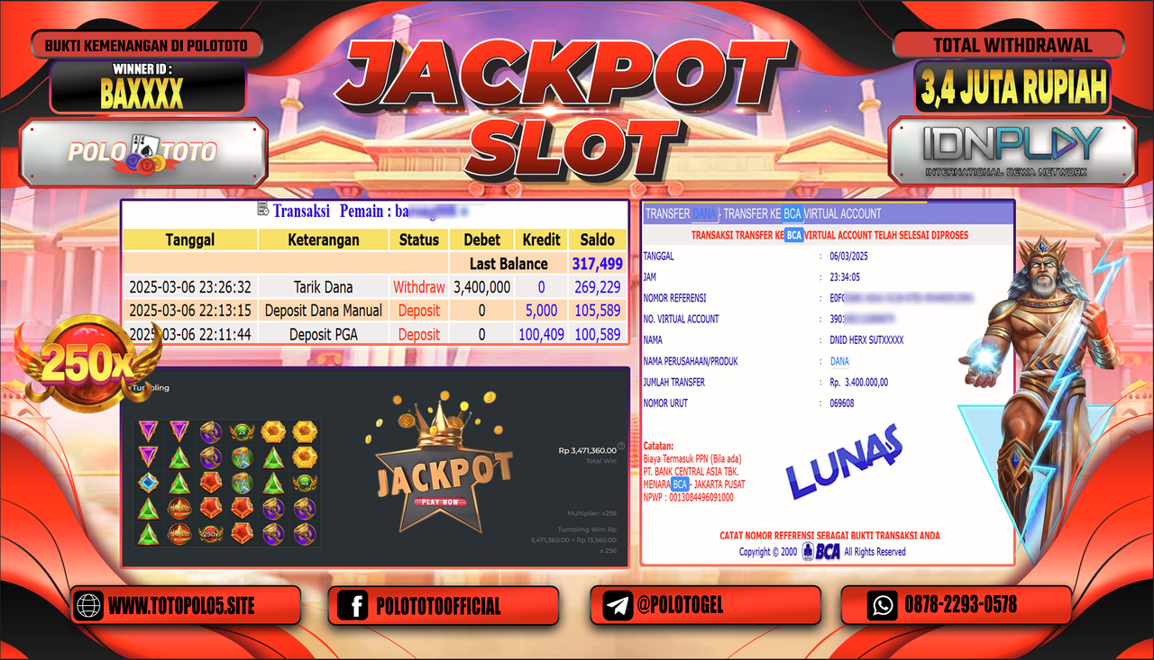 POLOTOTO JACKPOT SLOT GATES OF OLYMPUS Rp.3.400.000,-
