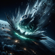 DALL·E 2023-10-25 13.31.50 - A massive meteor strikes the earth, its impact resonating with raw, unt