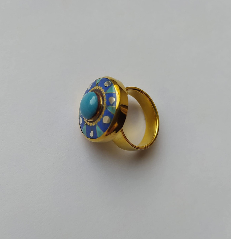 Minankari Ring Azure Sun,  Sterling Silver Gold-Plated Cloisonné Enamel, from Tbilisi - handmade cloisonne enamel
