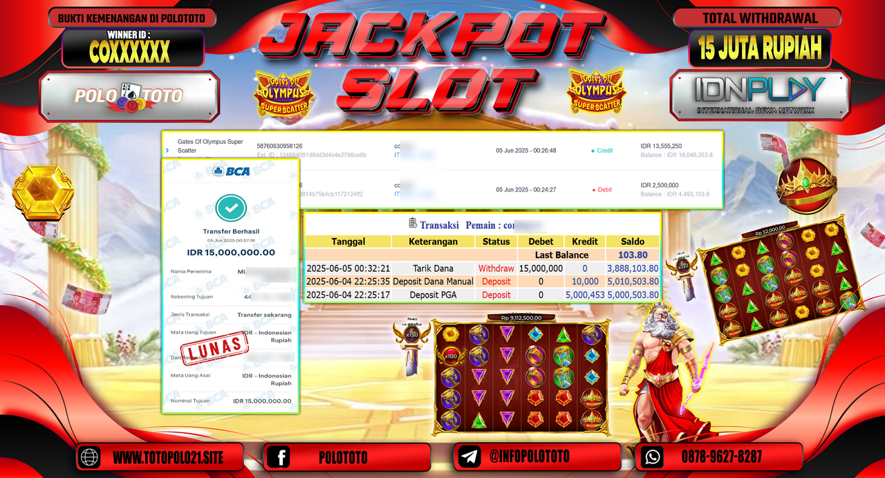 POLOTOTO JACKPOT SLOT GATES OF OLYMPUS SUPER SCATTER Rp.15.000.000,-