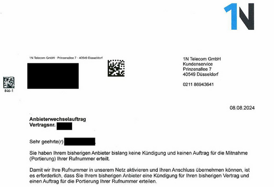 1N Telecom-Schreiben