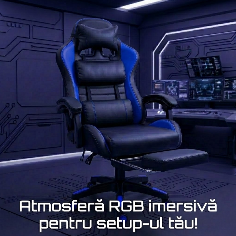 Vedere frontala a scaunului albastru, evidentiind pernele ergonomice pentru suport