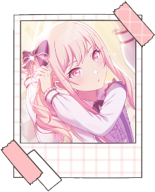 Art of Akiyama Mizuki, placed in a pink border meant to look like paper and 3 pieces of tape. Mizuki is tying their hair up, seemingly very focused.