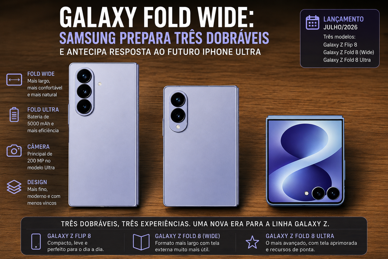 Galaxy Fold Wide pode inaugurar uma nova categoria de dobráveis da Samsung — e antecipar a resposta ao futuro iPhone Ultra