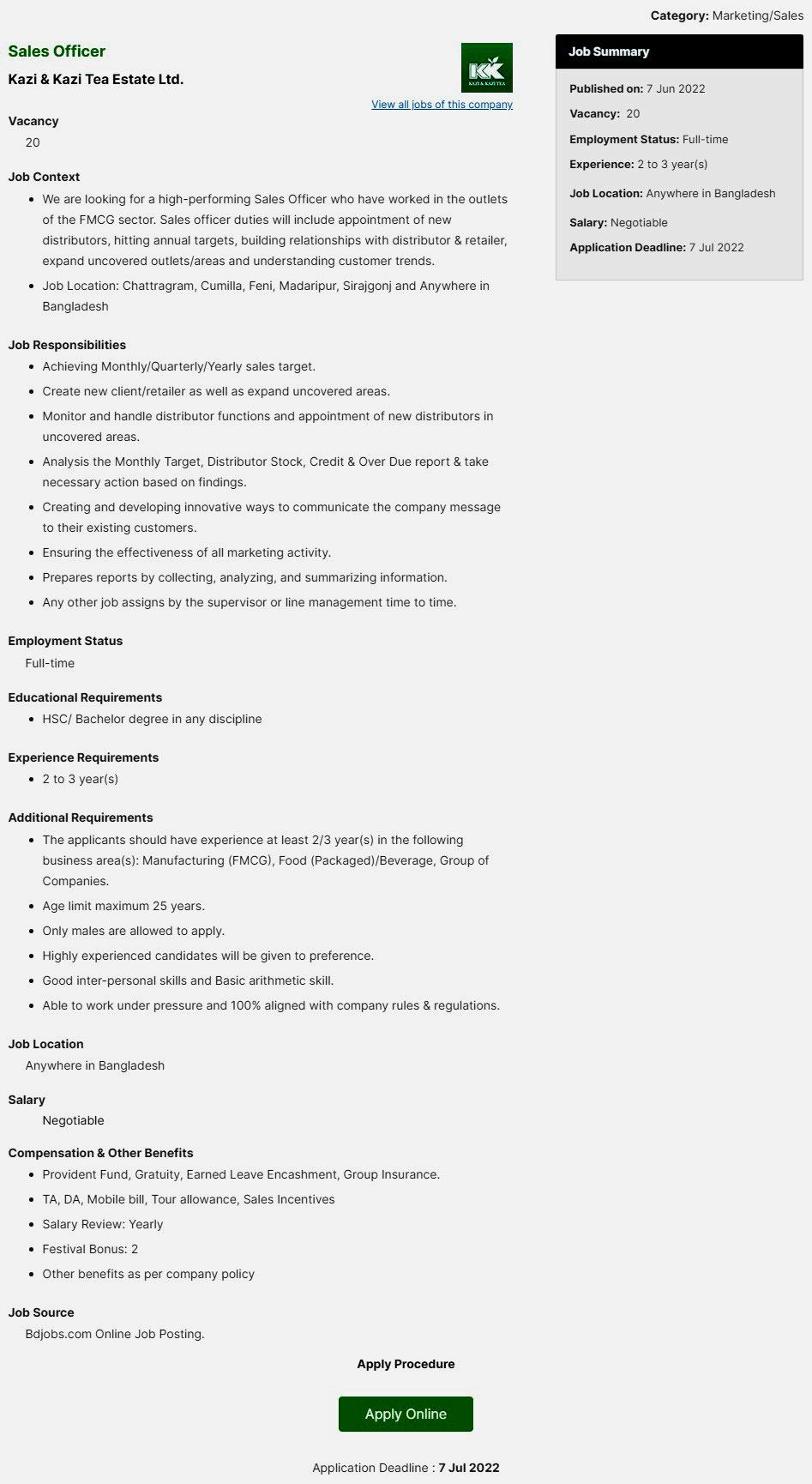 Sales and Marketing Job Circular 2022