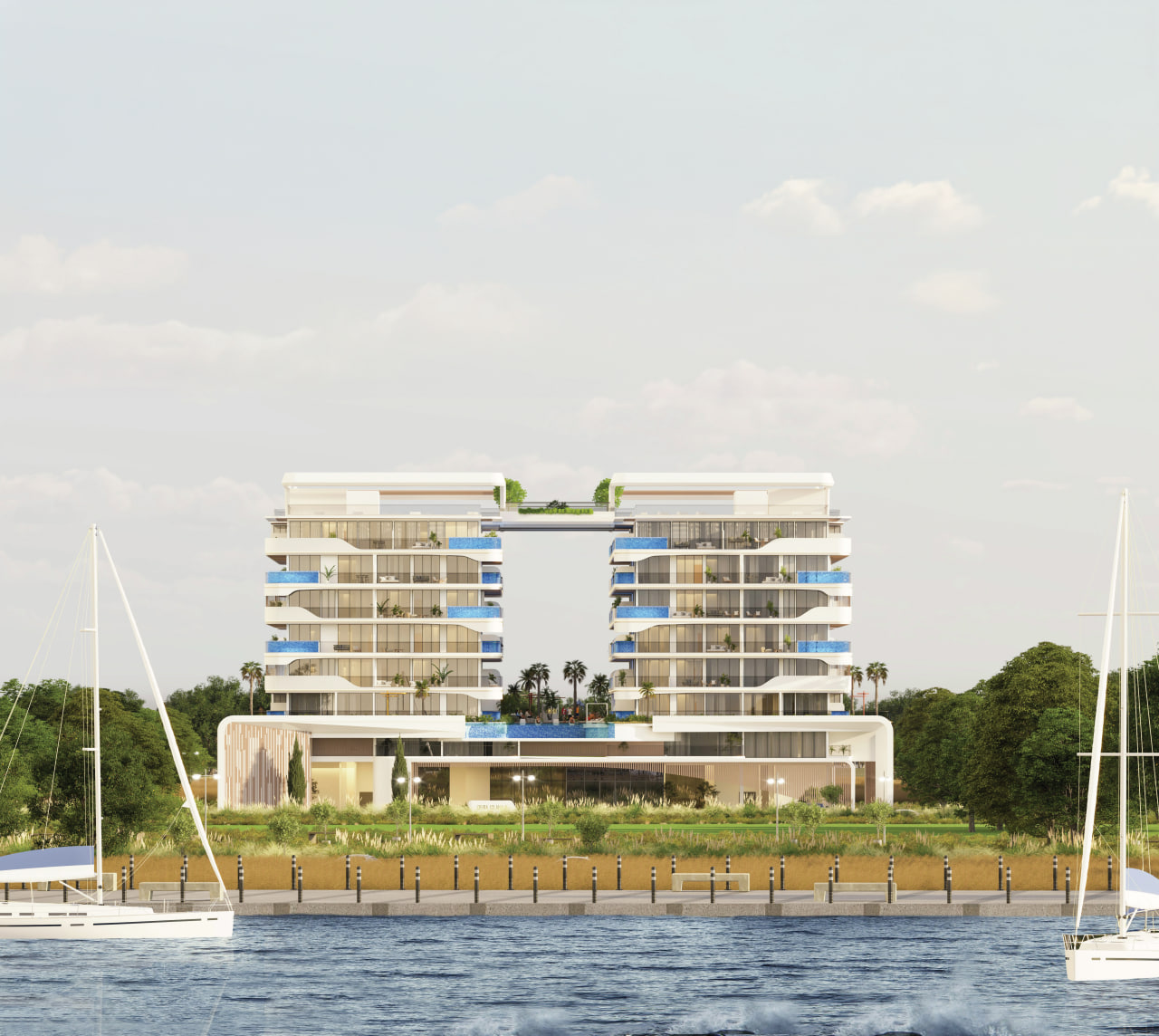 Luxury exterior architectural view of Samana Ocean Pearl in Dubai Islands featuring modern waterfront design and premium residence lifestyle – Distress Deal opportunity in Samana Ocean Pearl showcasing upscale beachfront development in Dubai