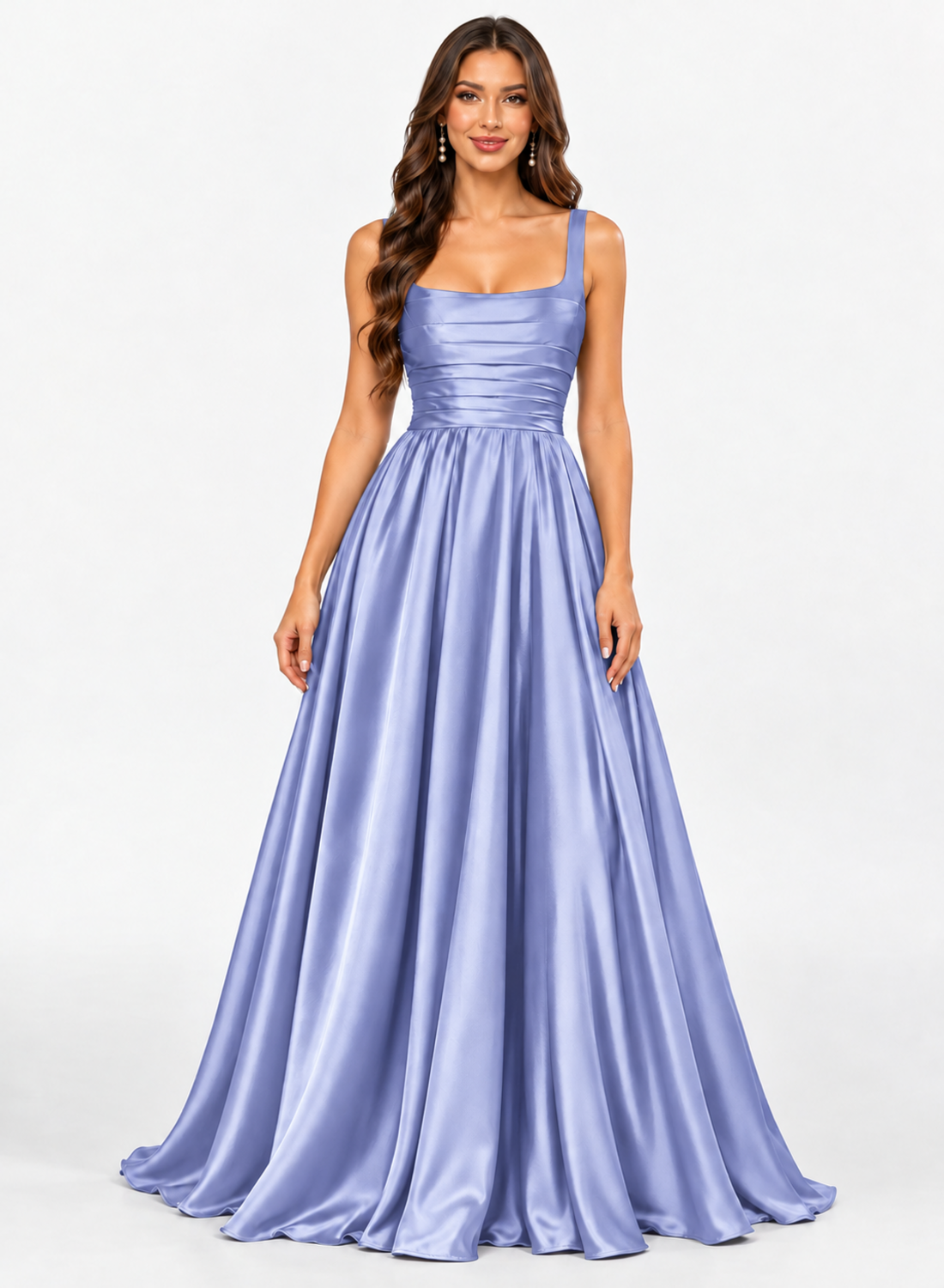 A-Line Satin Square Neck Pleated Prom Dress with Corset Lace-Up Back