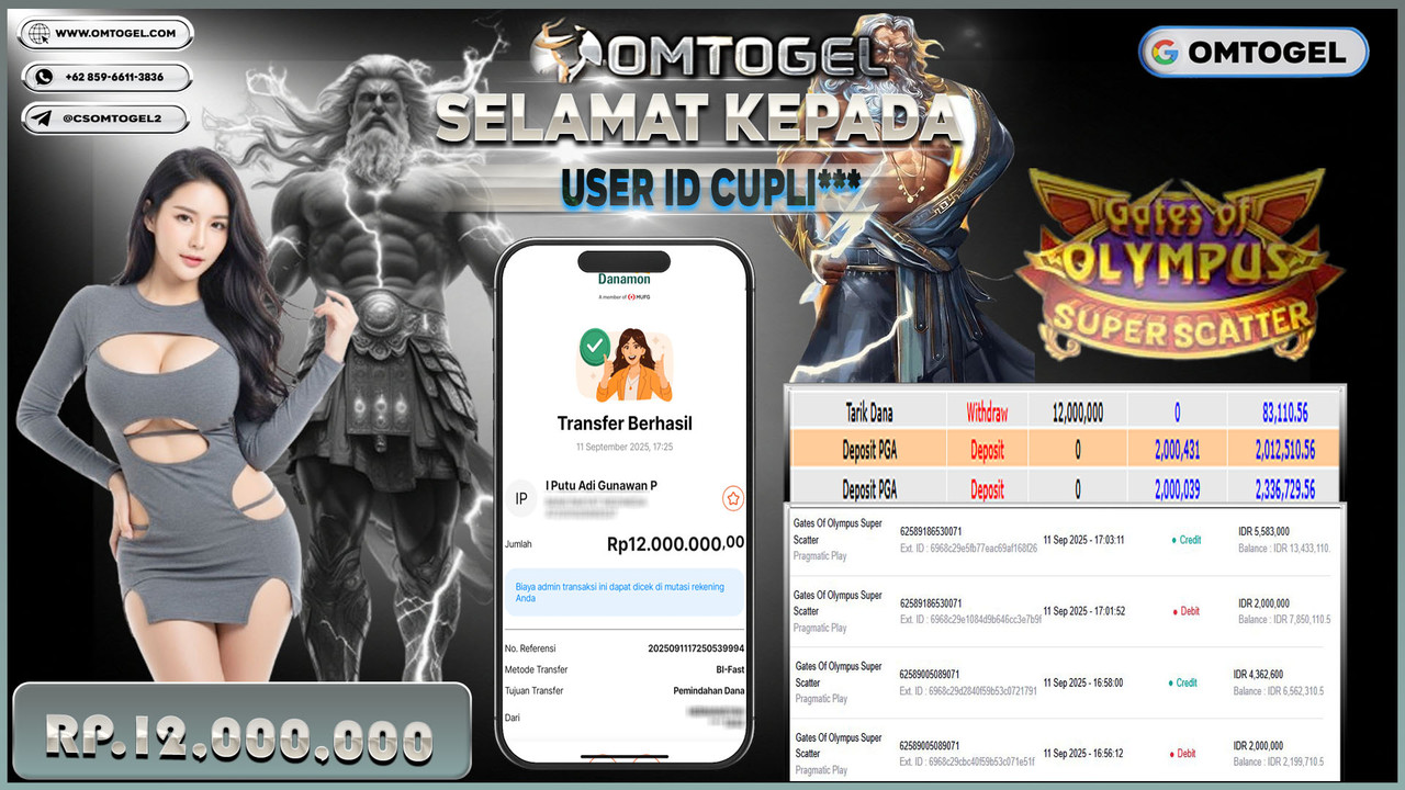 OMTOGEL JACKPOT PRAGMATIC PLAY GATES OF OLYMPUS SUPER SCATTER 12 JUTA DI BAYAR LUNAS ,-