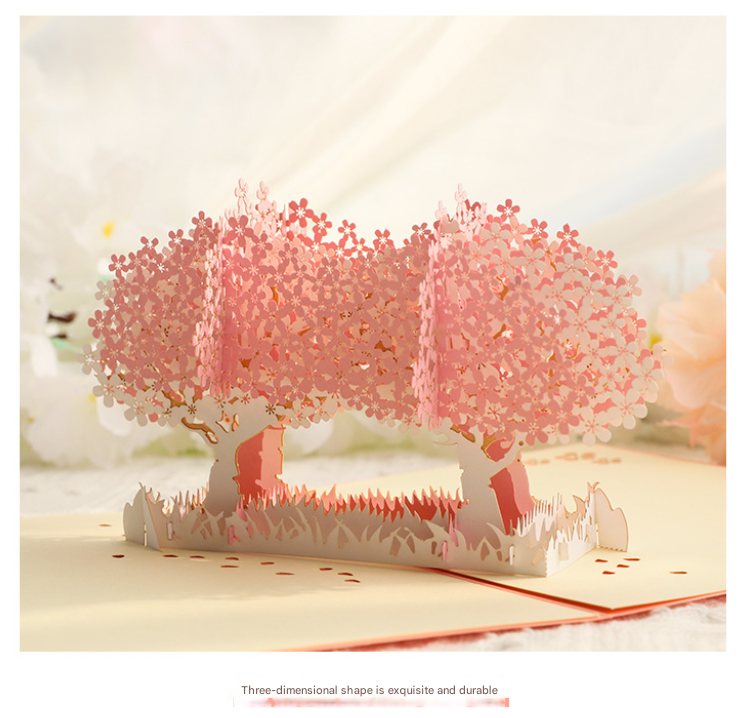 3D Handcrafted Cherry Blossom Pop-Up Greeting Card - Handwritten Paper Sculpture Card for Valentine's Day, Mother's Day & Anniversary