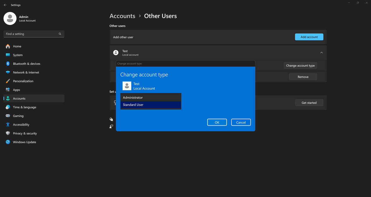 Screenshot showing how to select Standard User from the Change account type dropdown.