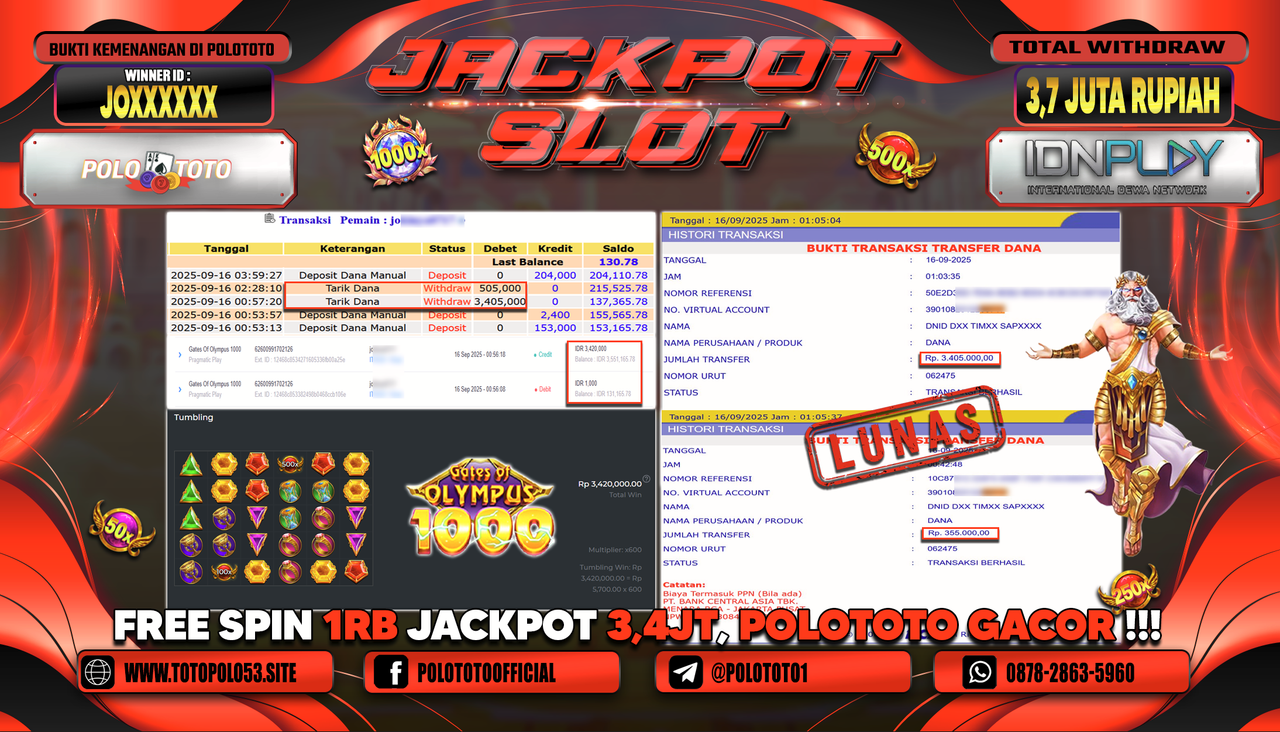 POLOTOTO JACKPOT SLOT GATES OF OLYMPUS 1000 Rp.3.700.000,-