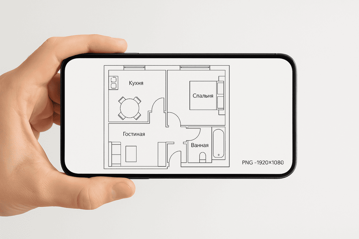 Смартфон в руке, на экране итоговый план комнаты