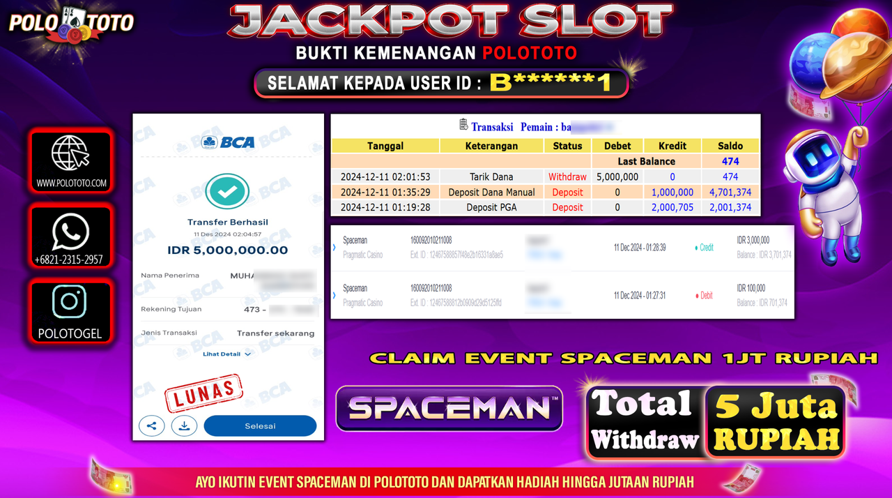 POLOTOTO JACKPOT SLOT SPACEMAN Rp.5,000.000,-
