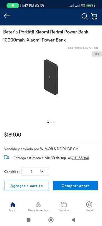 Walmart: Batería Portátil Xiaomi Redmi Power Bank 10000mah 
