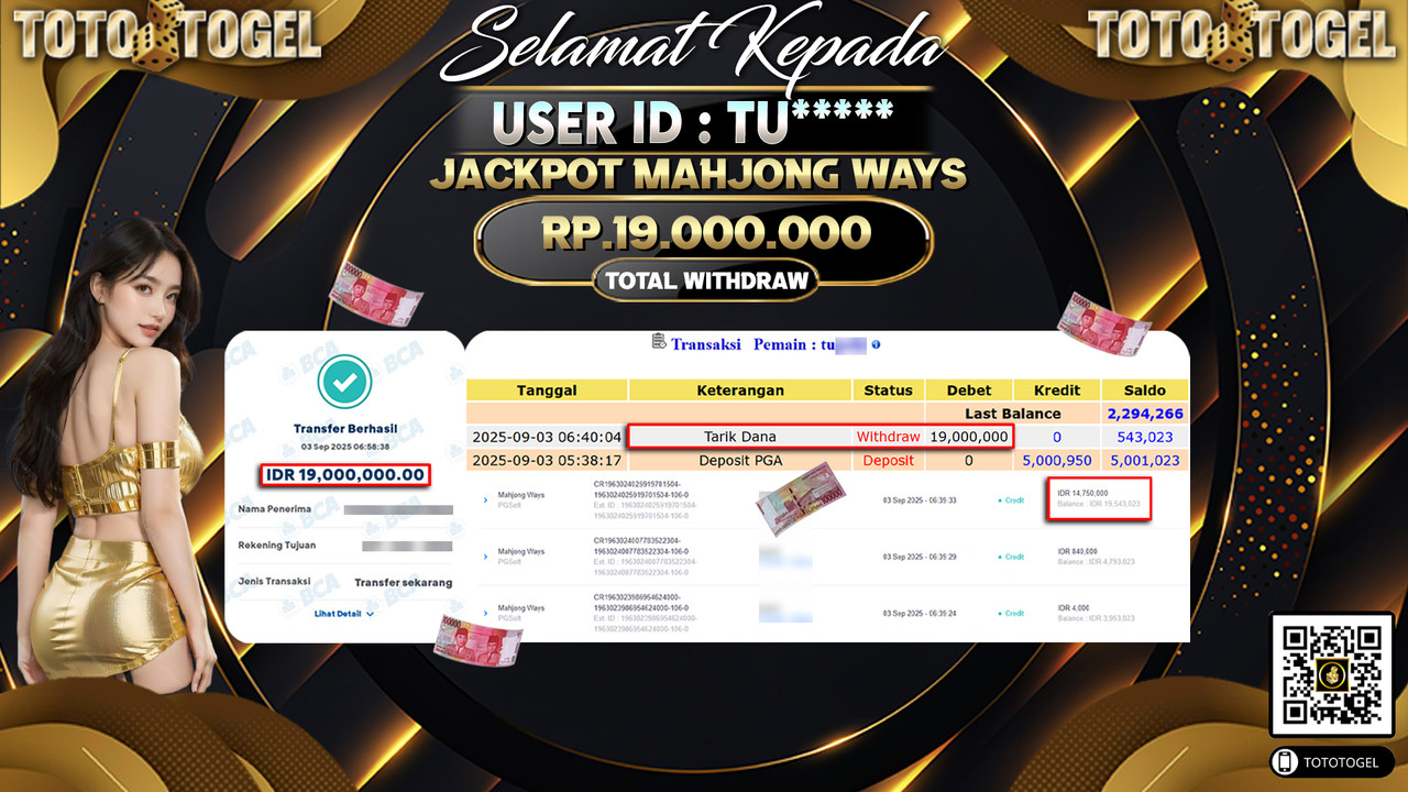 Bukti Pembayaran Jackpot Permainan Slot Mahjong Ways ID:TU***** LUNAS