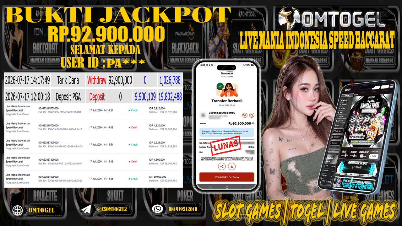 OMTOGEL JACKPOT PRAGMATICPLAY LIVE DEALER  Rp.92,900,000,- DIBAYAR LUNAS