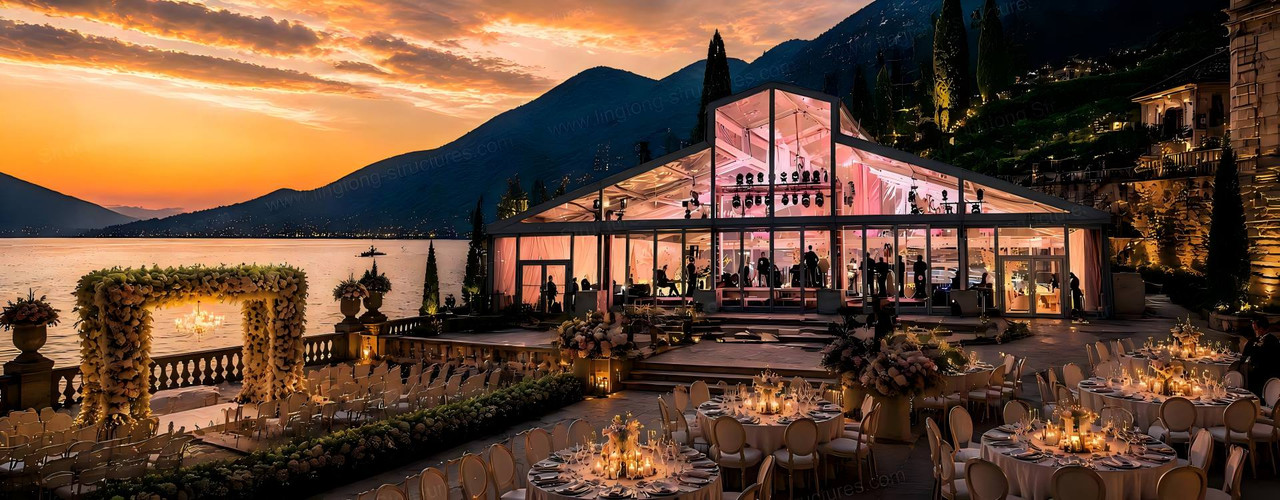 Lingtong atrium wedding tent with transparent glass walls and black frame set on a green lawn for outdoor wedding ceremonies