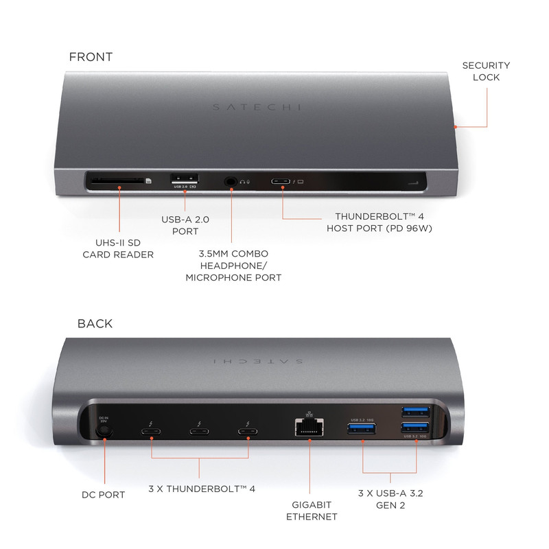 Dock Satechi Thunderbolt 4 en un escritorio profesional con múltiples monitores y periféricos.