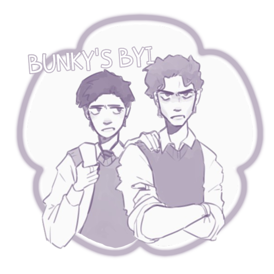  ALT TEXT: Bunky's BYI. Art by holografrick on tumblr. The image contains Mischa Bachinski and Noel Gruber from Ride the Cyclone. Mischa has his arms crossed and an angered expression on his face. Noel is beside him with a tired expression on his face. His hand on Mischa's shoulder, mouth open to speak. Noel has his backpack on his shoulder. 