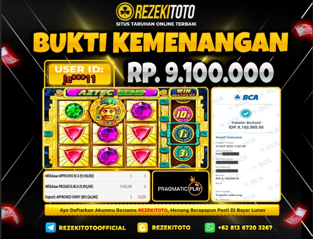BUKTI KEMENANGAN 19 SEPTEMBER 2025 AZTEC GEMS 9 JUTA 